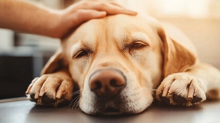 Wall Mural - Friendly groomer trimming a dogs nails in a bright, clean salon environment showing professional pet care with side empty space for text Stockphoto style