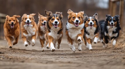 Sticker - Group of friendly dogs running and playing in a large, fenced pet park capturing social pet activities with side empty space for text Stockphoto style