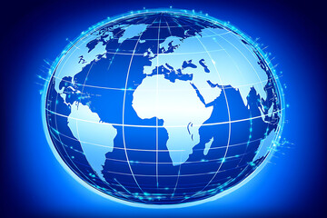 Poster - A digital globe illustration highlighting continents with a blue background and grid lines.