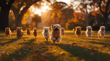 Fototapete - Group of friendly dogs running and playing in a large, fenced pet park capturing social pet activities with side empty space for text Stockphoto style