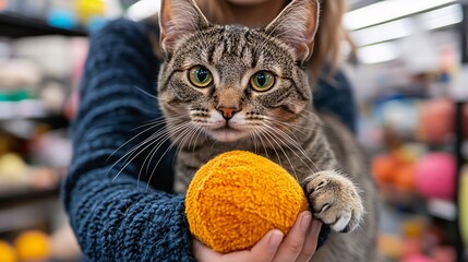 Sticker - Pet owner exploring colorful pet toys with their curious cat in a store showcasing premium pet products with side empty space for text Stockphoto style