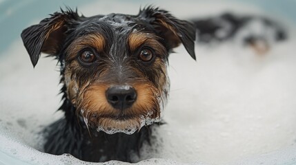 Fototapete - Dog enjoying bath time with gentle pet shampoo foaming in a clean, modern grooming area showing pet care and pampering with side empty space for text Stockphoto style