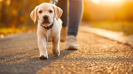 Fototapete - Young puppy walking beside owner on a new, comfortable leash in a sunny park showing pet products in use with side empty space for text Stockphoto style