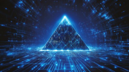 Poster - Futuristic Digital Pyramid Surrounded by Glowing Data Streams and Neon Lights Creating a High-Tech, Abstract Landscape for Innovative Projects and Concepts