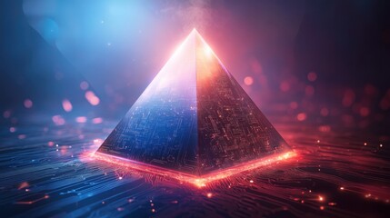 Aufkleber - Futuristic Digital Pyramid with Glowing Base and Circuit Patterns Illuminated by Blue and Red Light in a High-Tech Abstract Background