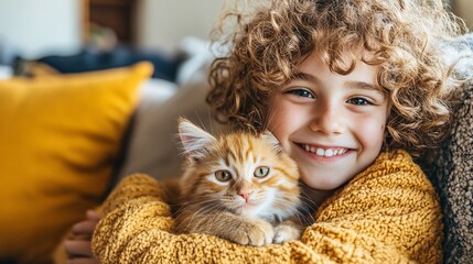Fototapete - Pet adoption event with a smiling child gently holding a kitten in a warm, welcoming space representing compassion for animals with side empty space for text Stockphoto style