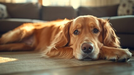Fototapete - Owner carefully brushing their dog's coat in a peaceful home setting showing attentive pet care with side empty space for text Stockphoto style