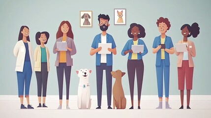Fototapete - Pet adoption shelter interior with various animals and happy volunteers welcoming new adopters in a supportive space with side empty space for text Stockphoto style