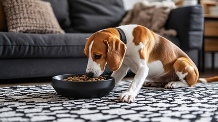 Fototapete - Dog happily eating from a designer bowl while seated on a patterned mat in a cozy home setting representing premium pet products with side empty space for text Stockphoto style