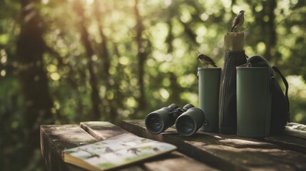 Aufkleber - A tranquil birdwatching spot in a dense forest, Binoculars and bird guides neatly placed, Minimalist outdoor style
