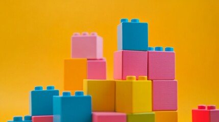 Poster - A tranquil block-building scene with creatively arranged colorful bricks, Playful construction style, photo of