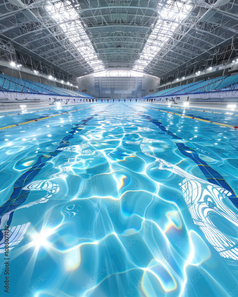 A vibrant indoor swimming pool with crystal-clear water reflecting ...