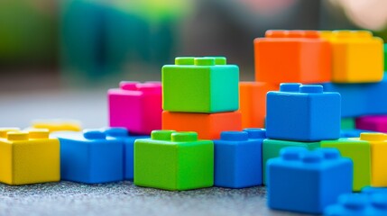 Poster - A tranquil block-building setup with colorful bricks arranged creatively, Playful construction style, photo of