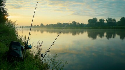 Poster - A tranquil fishing trip on a quiet riverbank at dawn, Fishing rods and bait set up for angling, Riverside leisure style