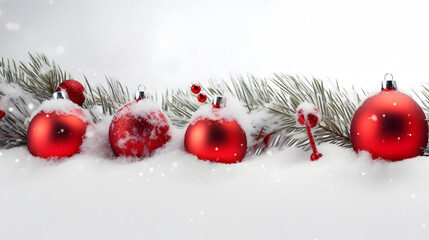 Wall Mural - red christmas balls in a row with spruce branches covered with snow and snowfall on white background