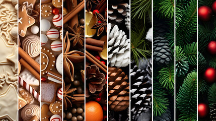Wall Mural - Abstract background with seasonal and winter stripes with plant, leaf, ball, cone, spice, sweets and gifts texture. Horizontal composition. Concept of Christmas, holiday and New Year.