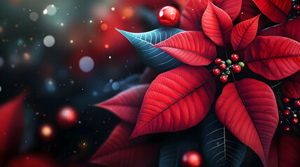 Wall Mural - Abstract background with red Poinsettia leaves. Horizontal composition.