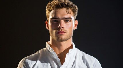 Fototapete - A man with a beard and short hair is wearing a white shirt