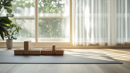 Poster - A tranquil yoga mat setup with yoga blocks and straps neatly aligned, A calm, airy space with natural light streaming in