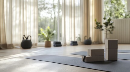 Poster - A tranquil yoga mat setup with yoga blocks and straps neatly aligned, A calm, airy space with natural light streaming in