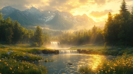 Wall Mural - Serene Mountain Landscape with a Waterfall