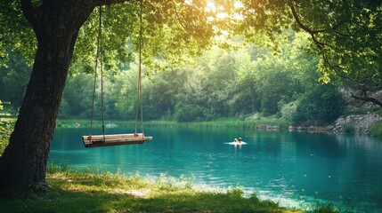 Wall Mural - Tranquil Lakeside Swing with a Lush Green Forest Background