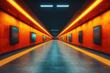 Wall Mural - Subway Tunnel with Orange Walls and  Illuminated Signs