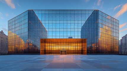 Wall Mural - Modern Glass Building with Golden Reflections