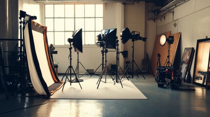 Poster - A vibrant photography workshop in a modern urban studio, Cameras and lighting equipment set for professional shoot, Creative studio style
