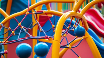 Poster - A vibrant playground filled with playful climbing structures, Children's toys scattered amidst colorful equipment, Joyful lifestyle photography style