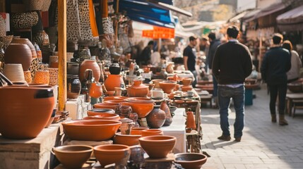 Poster - A vibrant pottery market with pottery wheels and handmade ceramics on display, Potters demonstrating their craft amidst lively shoppers, Documentary photography style