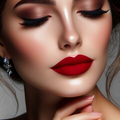 A close-up of a woman wearing a classic red lipstick, creating an elegant and timeless beauty look.