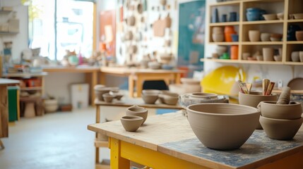 Poster - A vibrant pottery workshop in a bustling urban studio, Clay and pottery wheels set for creative crafting, Urban artisan style