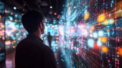 Poster - A man is looking at a large screen with a lot of colors and patterns