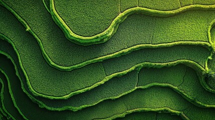 Drone photography over terraced rice fields shows geometric shapes and intricate lines, creating an abstract image that blends perfectly with nature.