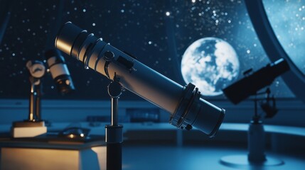 Poster - A well-organized astronomy observatory with telescopes pointed at the night sky, Star charts and celestial objects on display, Scientific photography style