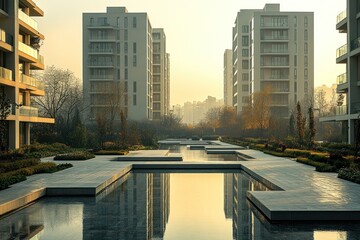 Wall Mural - Modern Architecture & Serene Pond