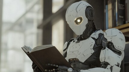Poster - A robot is sitting on a chair and reading a book