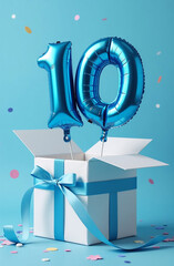 Wall Mural - Blue birthday balloon with number 10 and gift box on a blue background