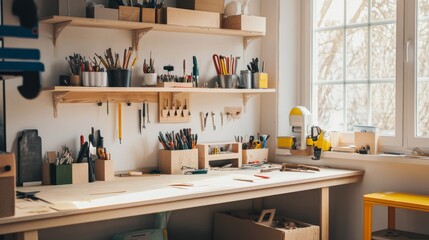 Aufkleber - A well-organized DIY workspace with tools and materials neatly placed, A bright, clean workbench with shelves of supplies