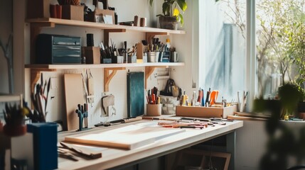 Aufkleber - A well-organized DIY workspace with tools and materials neatly placed, A bright, clean workbench with shelves of supplies