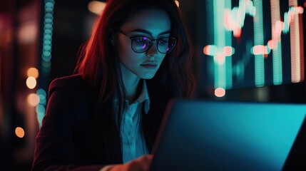 Poster - Young woman working late at night on a laptop, illuminated by colorful city lights, with a focus on technology and finance in a modern urban environment