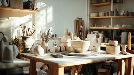 Poster - A well-organized pottery wheel station with clay and sculpting tools neatly arranged, A bright, airy space with a clean work surface