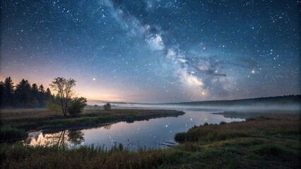 Wall Mural - A serene and peaceful atmosphere under a vast expanse of twinkling stars with a small lake in the foreground, landscape, stars, reflection, shadows, ripples