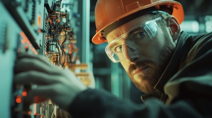 Poster - A man in an orange hard hat is looking at a piece of equipment