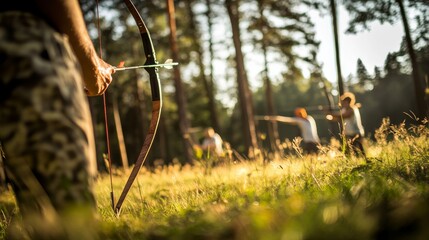Poster - An adventurous archery session in a forest clearing, Bows and arrows set up for precision shooting, Outdoor sports style
