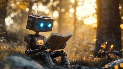 Poster - A robot is sitting in the grass and reading a book