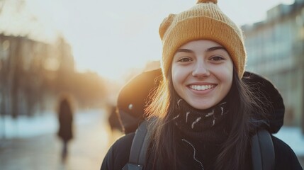 Wall Mural - Smiling Young Woman in Winter Hat and Scarf Enjoying a Bright Morning Outdoors with Soft Sunlight in the Background, Urban Setting, Joyful Atmosphere