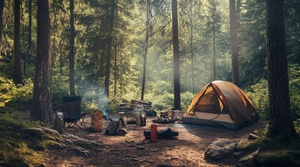 Poster - An adventurous camping setup amidst dense forest surroundings, Camping gear neatly organized, Rustic outdoor style