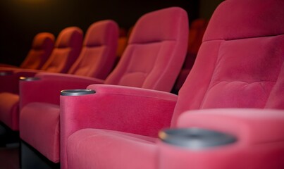 Empty red theater seats in a dark cinema, Generative AI 